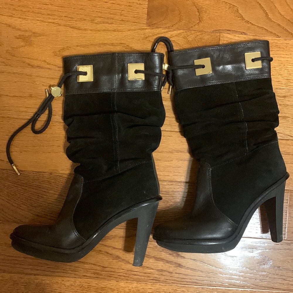 Michael Kors black leather and suede boots with gold hardware